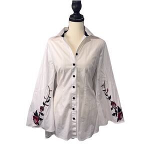 Mishca Women's White Cotton Embroidered Rose Shirt Flare Sleeve Cowgirl Festival